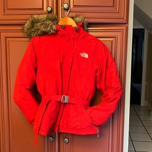 Red Northface goose down jacket. Warm Removable fake fur for machine wash